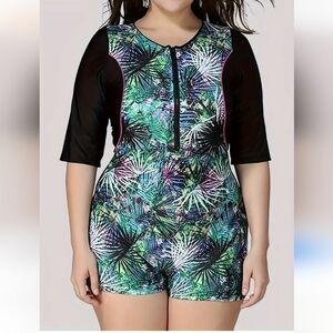 Sea Groove Floral Swimsuit Womens XL Black Green Stretchy Summer Travel Tropical